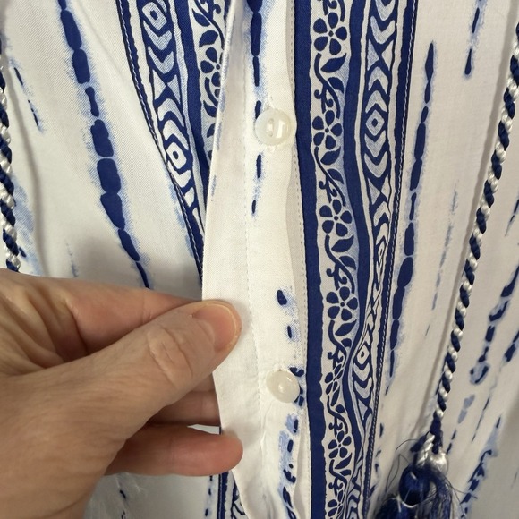 Chico's Button Up Top Blue Tie-Dye Crochet Tassel Neck Tie Sheer Boho Artsy XL - Picture 5 of 15